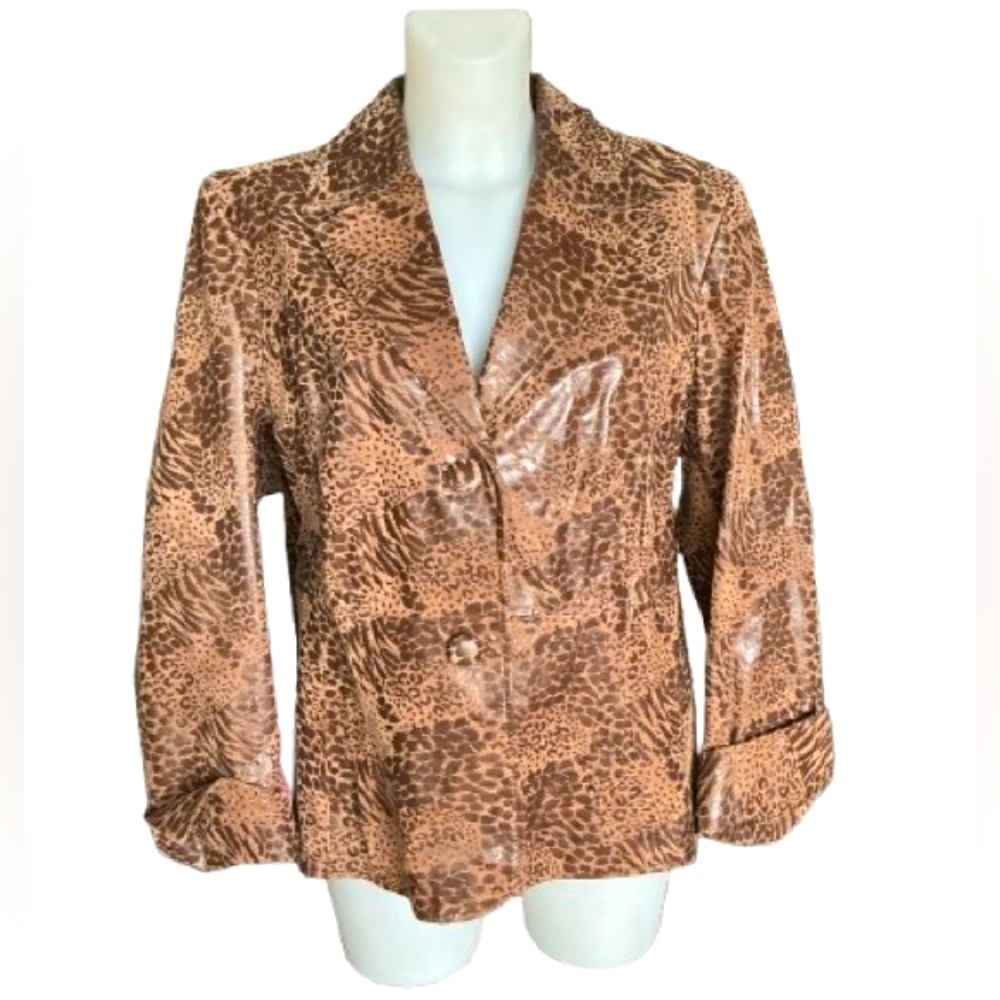 Guillaume Vintage/Y2K Brown Textured Leather Suede Animal Print Blazer Jacket 1X